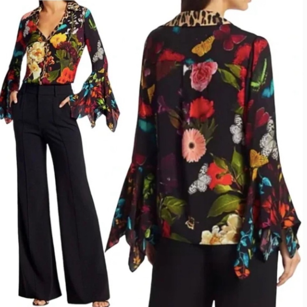 Alice + Olivia Black Floral Bell-Sleeve Blouse